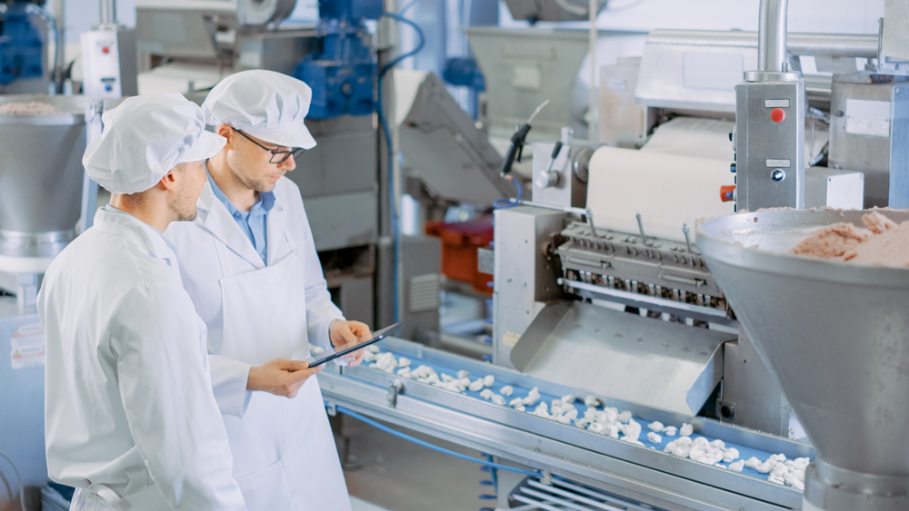 Foreign workers inspecting products in a food processing factory in Japan