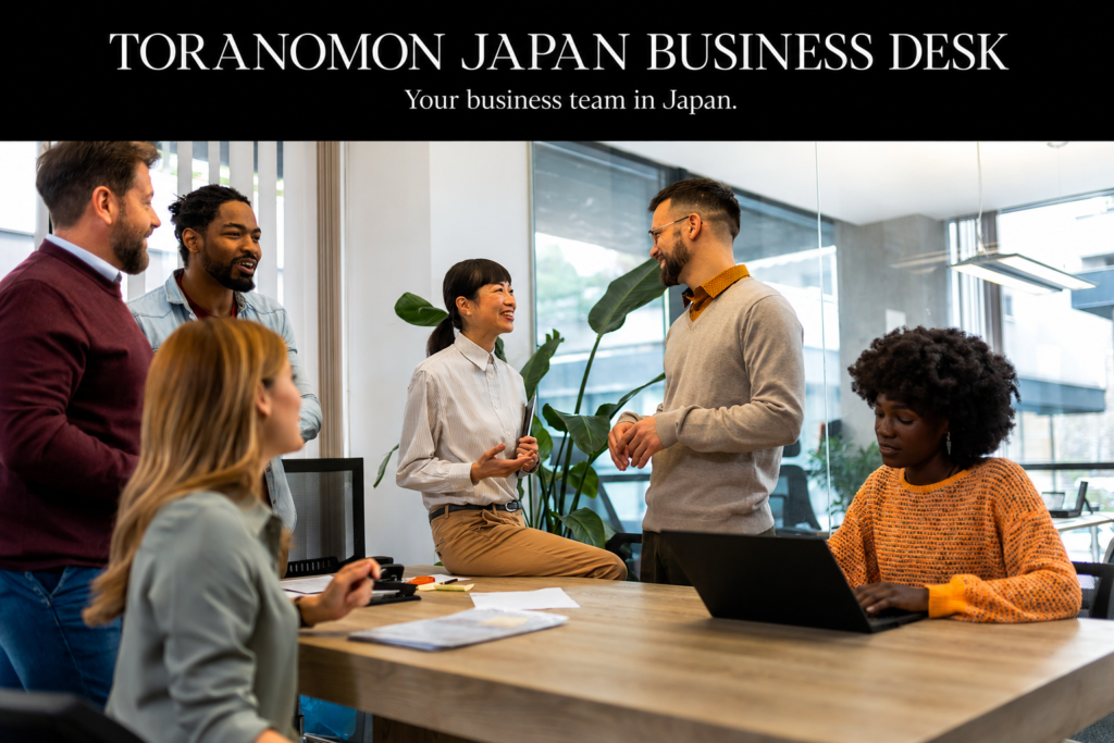 TORANOMON Japan Business Desk supporting overseas companies with market research, partner discovery, business meetings, trade shows, and test marketing in Japan.