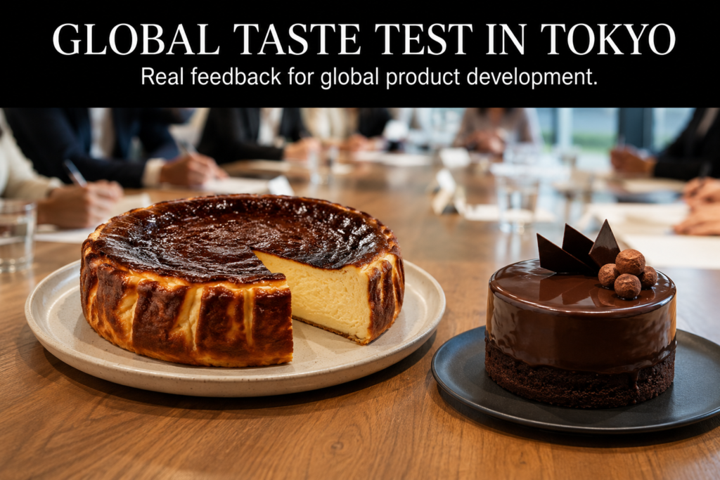 Global taste test in Tokyo for Japanese sweets, collecting international feedback on taste, pricing, and packaging.