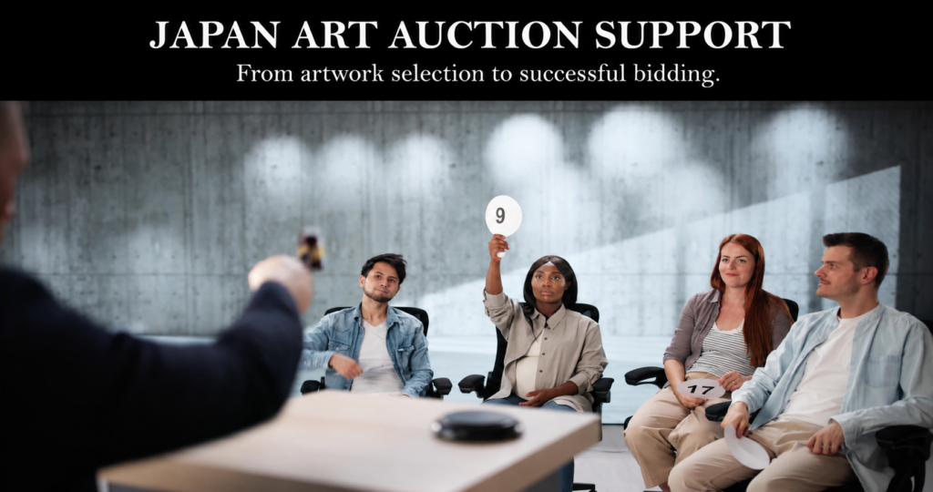 Japanese art auction support for overseas collectors and buyers, including artwork selection, condition checks, bidding, acquisition, and post-auction coordination.