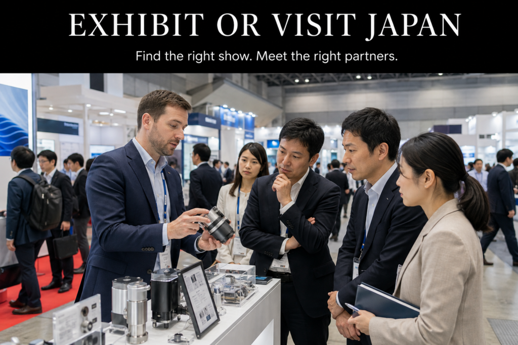 Business meeting at a trade show in Japan connecting overseas companies with potential Japanese buyers, distributors, and partners.