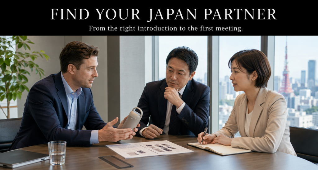 Japan partner development meeting connecting an overseas company with potential Japanese distributors, sales partners, and business collaborators.