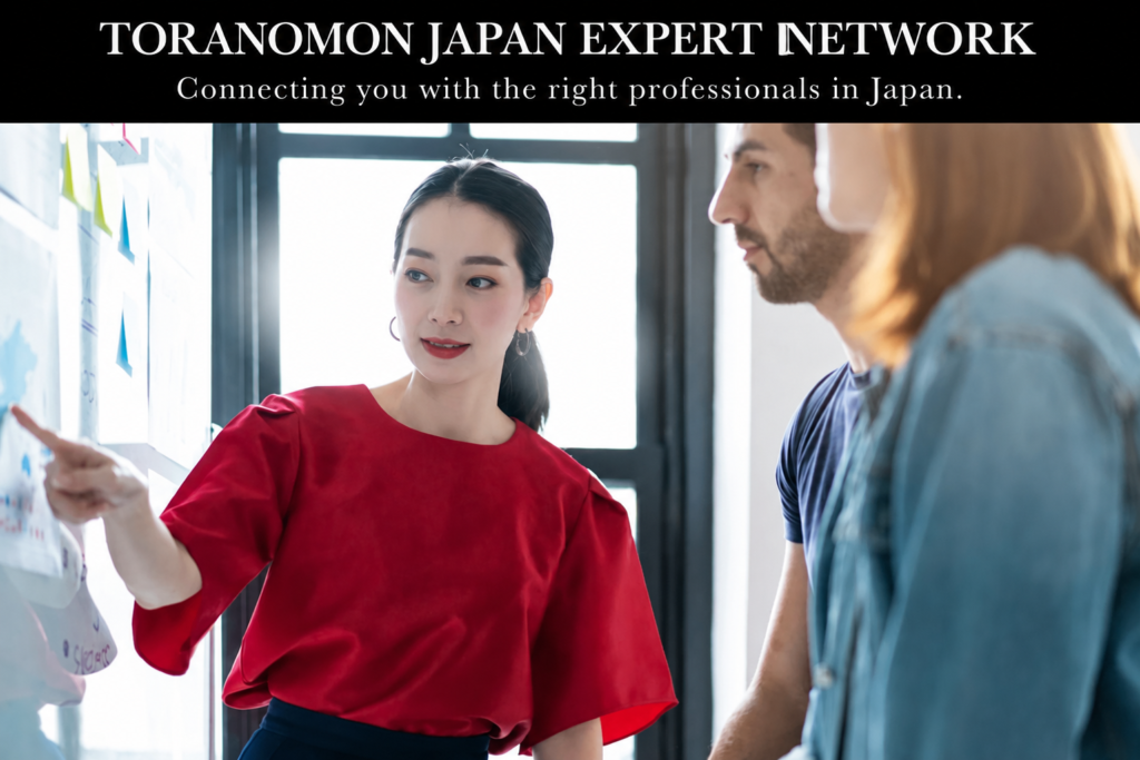 Japanese business coordinator explaining a project to overseas clients through the TORANOMON Japan Expert Network
